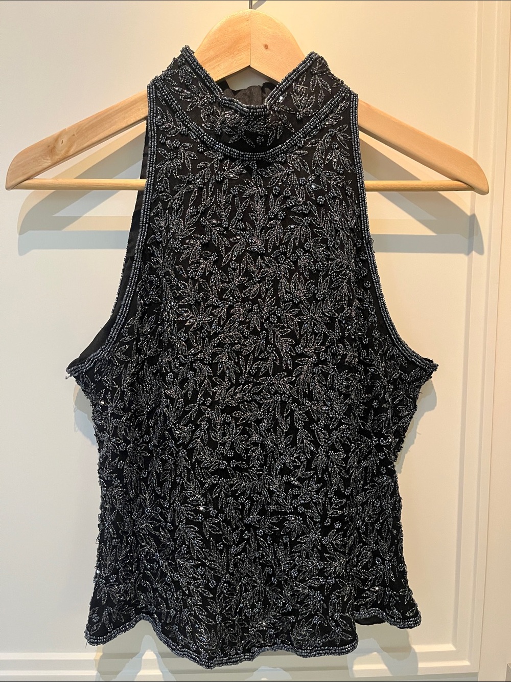 Stunning! Papell Boutique Black Beaded High-Neck Sleeveless Halter Top Sz Med